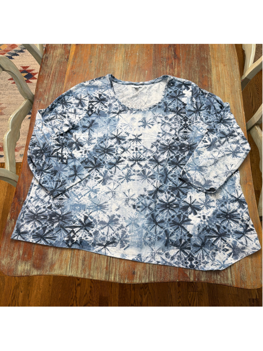 Pure Jill J. Jill 4X Blue White Tie Dye Batik 3/4 Sleeve Knit Tunic Top Plus
